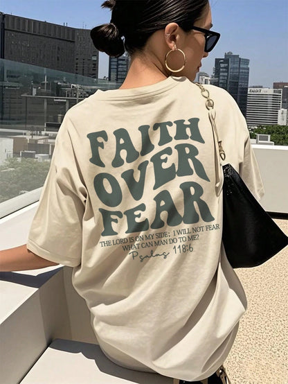 SXV Women's Belief Overcomes Fear Letter Print Casual Round Neck Short Sleeve T-Shirt