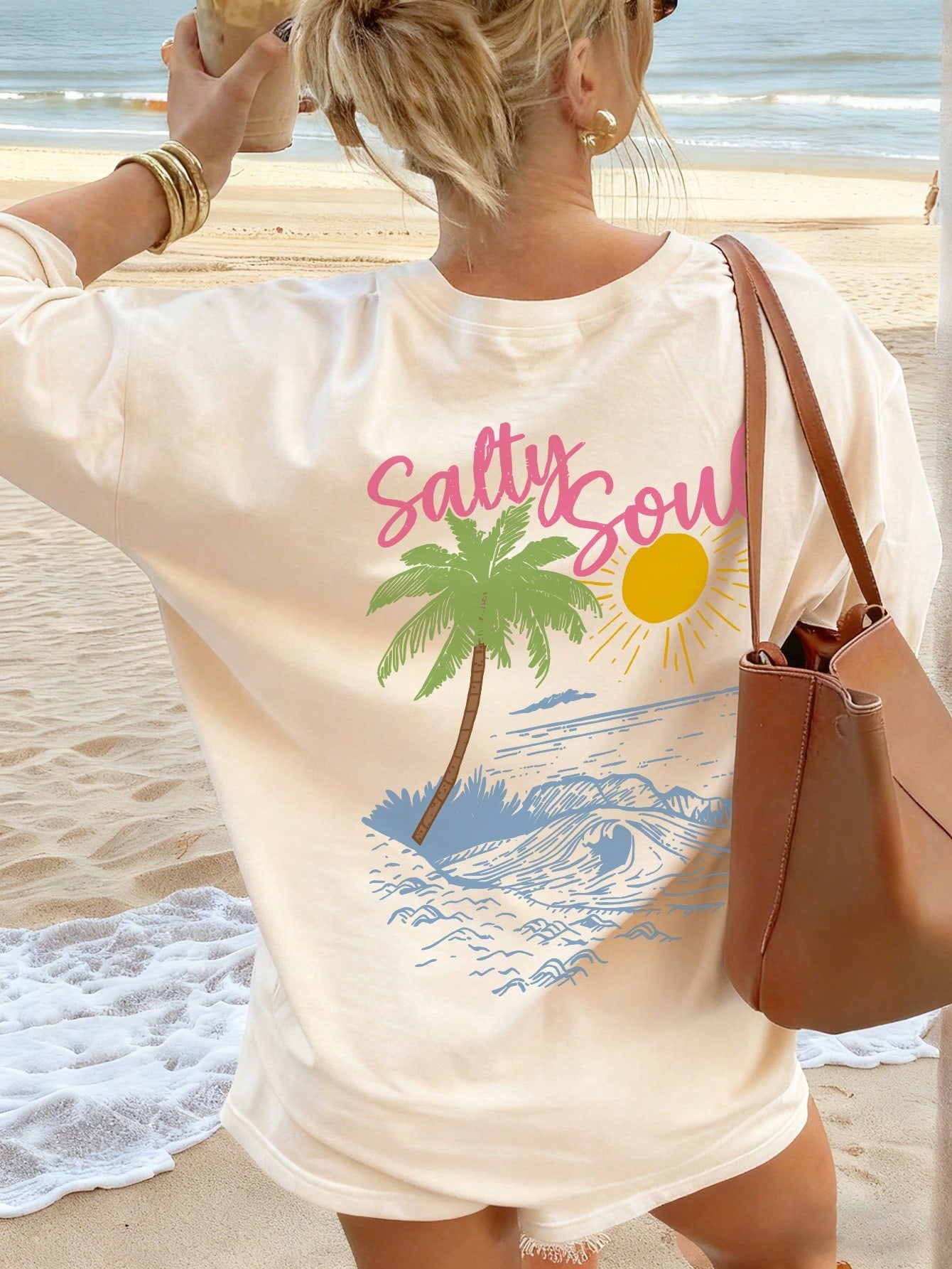 SXV Summer New Coconut Tree Print Casual Round Neck Short Sleeve T-Shirt