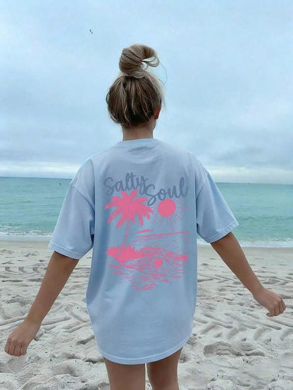 SXV Summer New Coconut Tree & Sunshine Print Casual Round Neck Short Sleeve T-Shirt