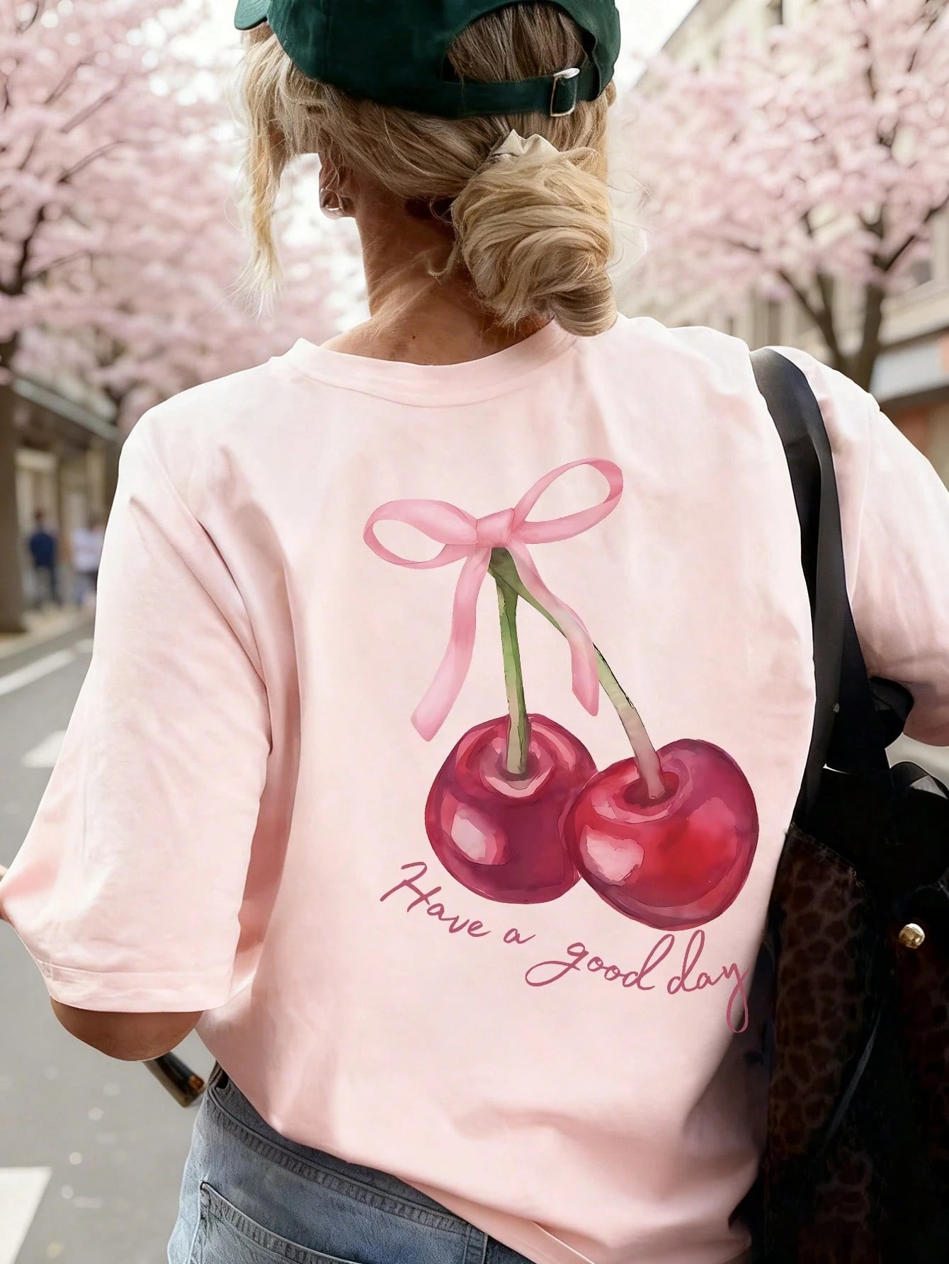 SXV cherry bow have a good day Letter Print Cheongsam Pattern Round Neck Short Sleeve T-Shirt