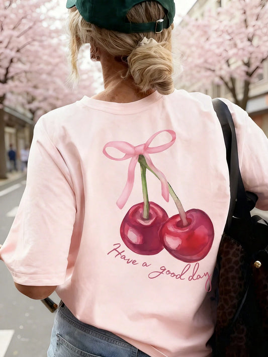 SXV cherry bow have a good day Letter Print Cheongsam Pattern Round Neck Short Sleeve T-Shirt
