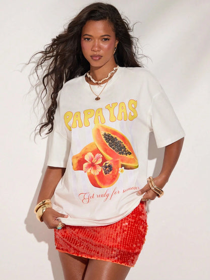 SXV White Tropical Fruit Print T-Shirt, Casual Beach Holiday Wear