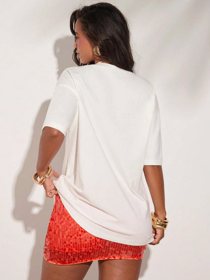 SXV White Tropical Fruit Print T-Shirt, Casual Beach Holiday Wear