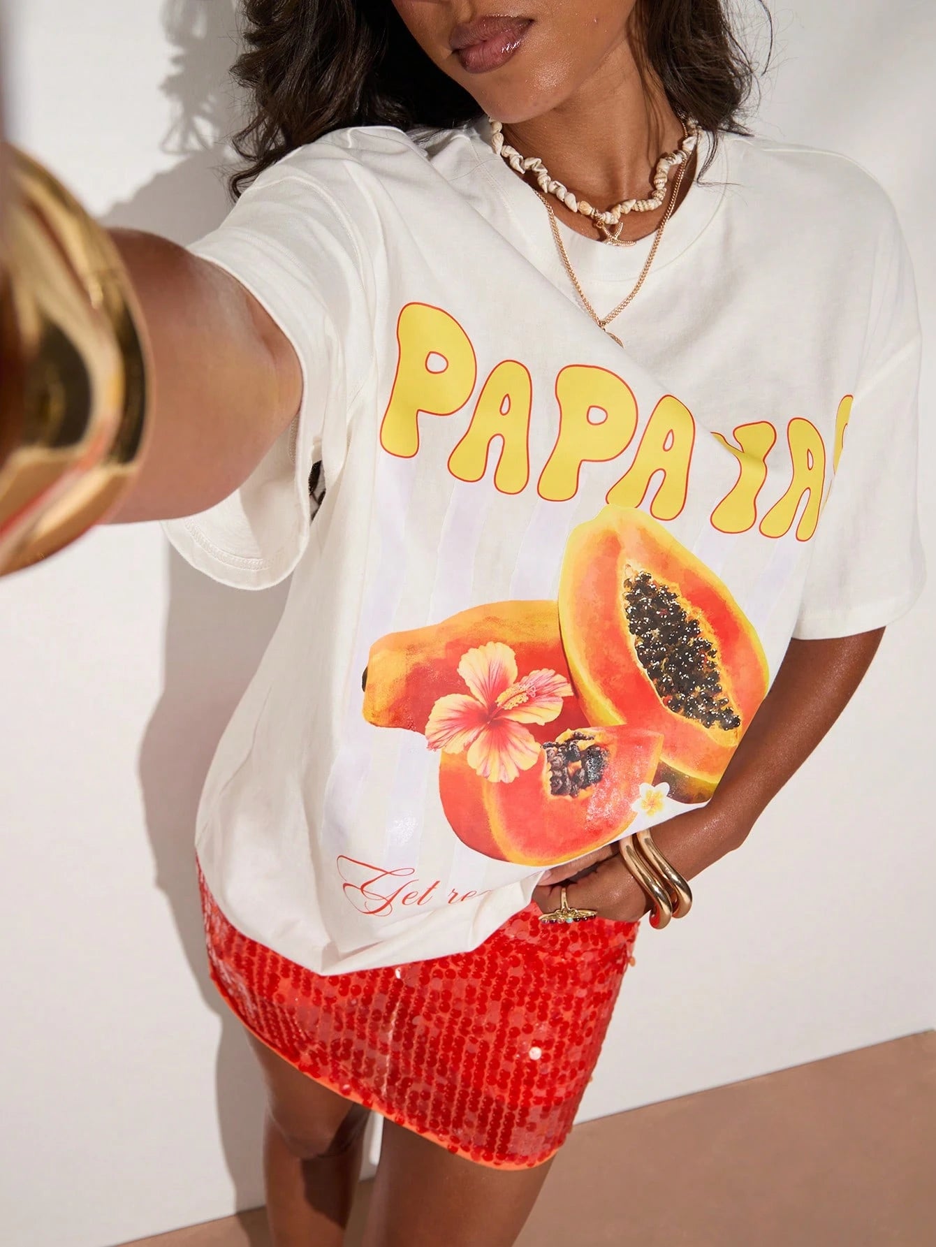 SXV White Tropical Fruit Print T-Shirt, Casual Beach Holiday Wear