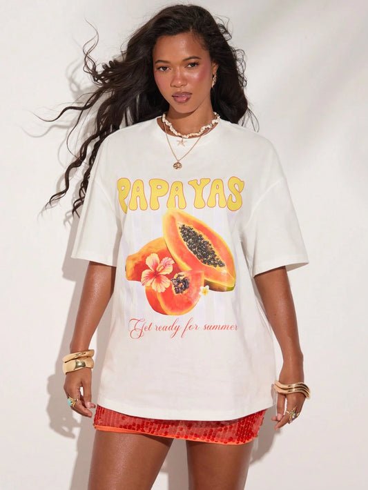 SXV White Tropical Fruit Print T-Shirt, Casual Beach Holiday Wear