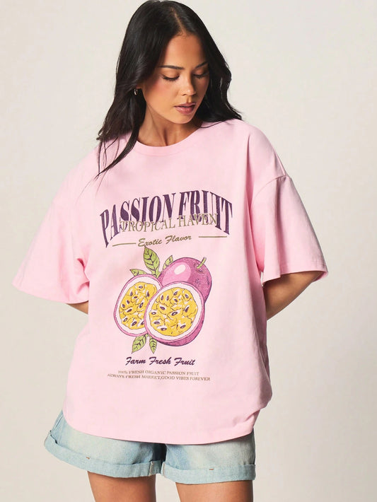 SXV Passion fruit Letter Print Cheongsam Pattern Round Neck Short Sleeve T-Shirt
