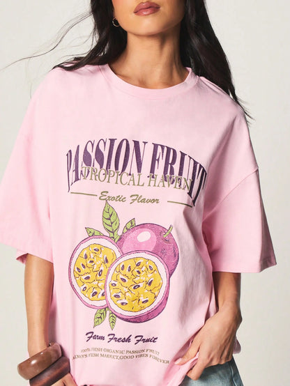 SXV Passion fruit Letter Print Cheongsam Pattern Round Neck Short Sleeve T-Shirt