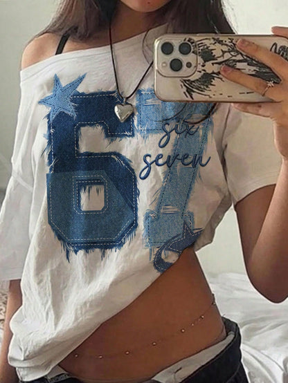 SXV Minimalist Stylish Digit 67 Print Off-Shoulder Loose Women T-Shirt