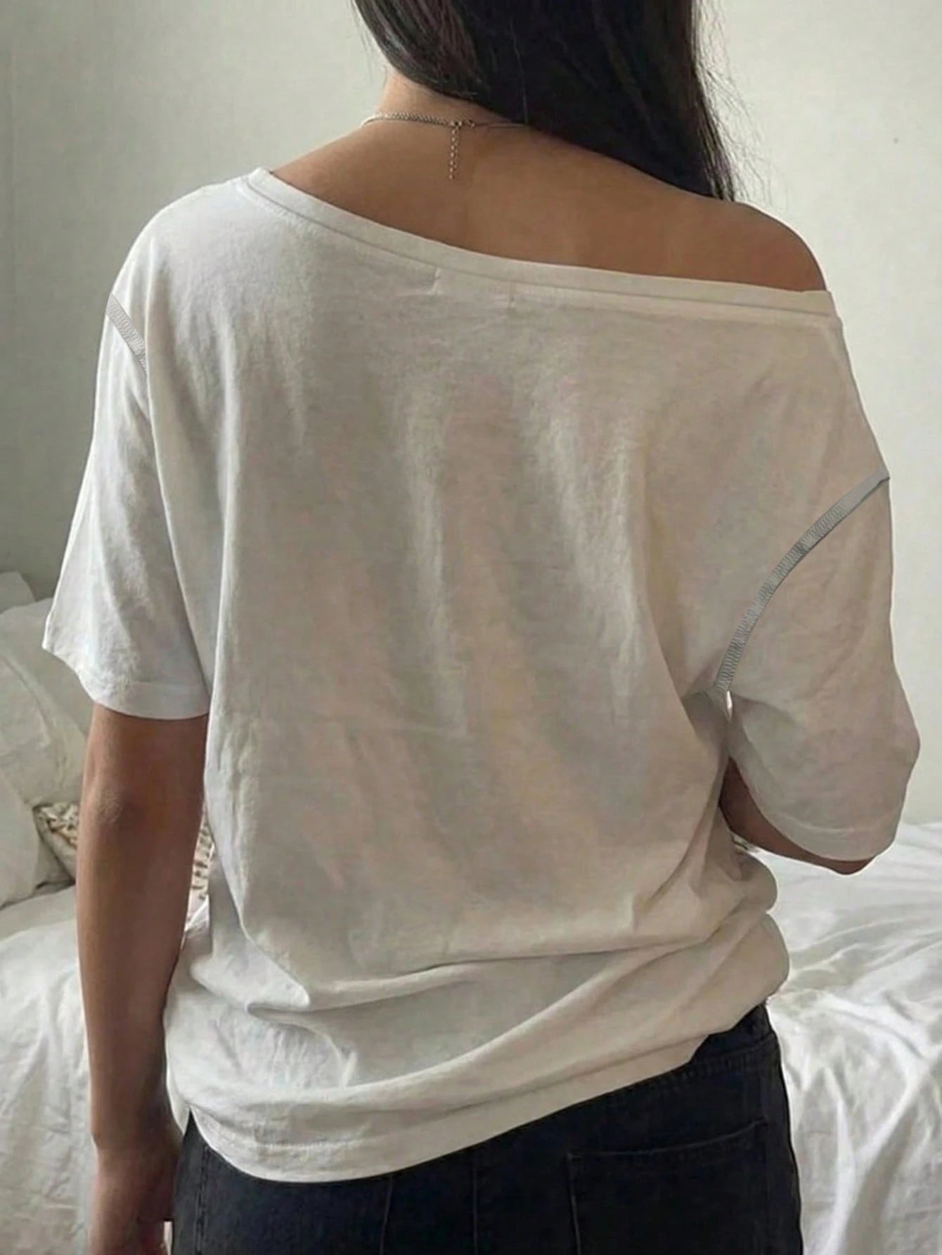 SXV Minimalist Stylish Digit 67 Print Off-Shoulder Loose Women T-Shirt