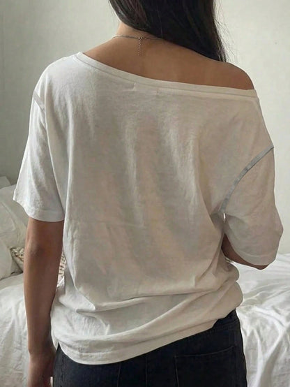 SXV Minimalist Stylish Digit 67 Print Off-Shoulder Loose Women T-Shirt