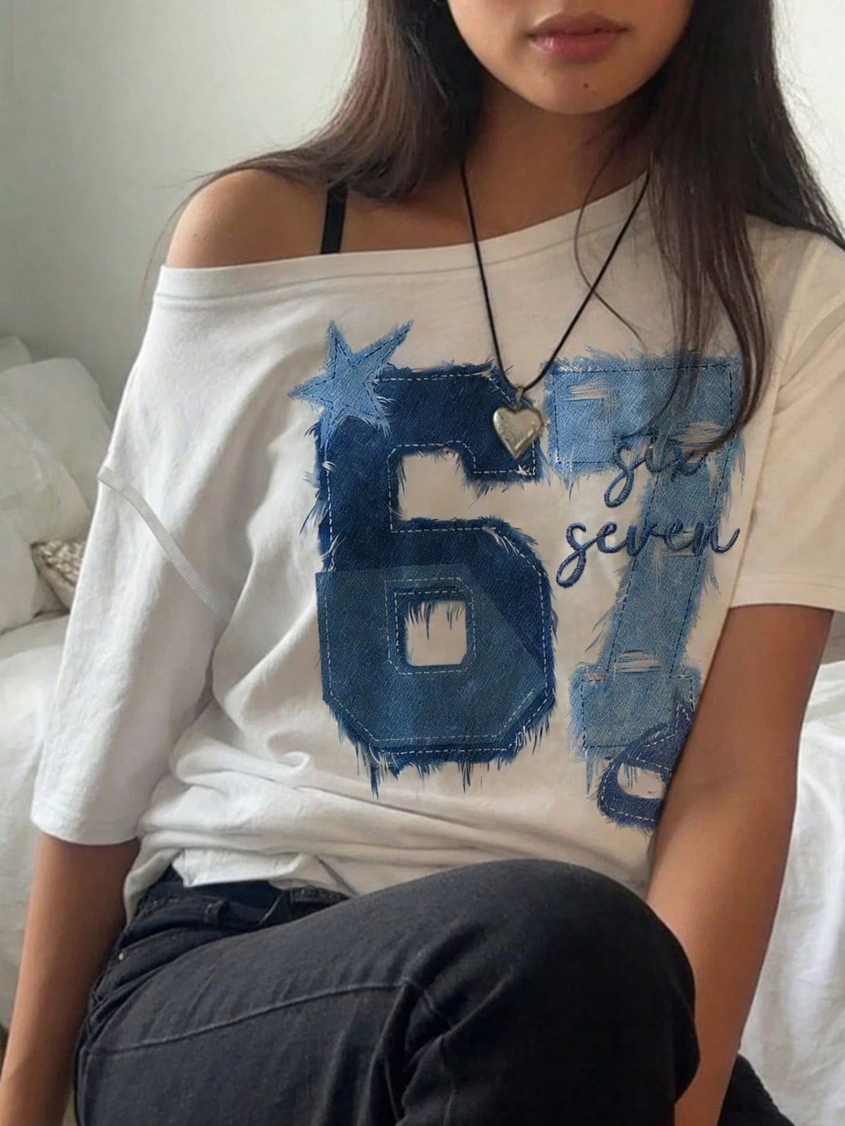 SXV Minimalist Stylish Digit 67 Print Off-Shoulder Loose Women T-Shirt