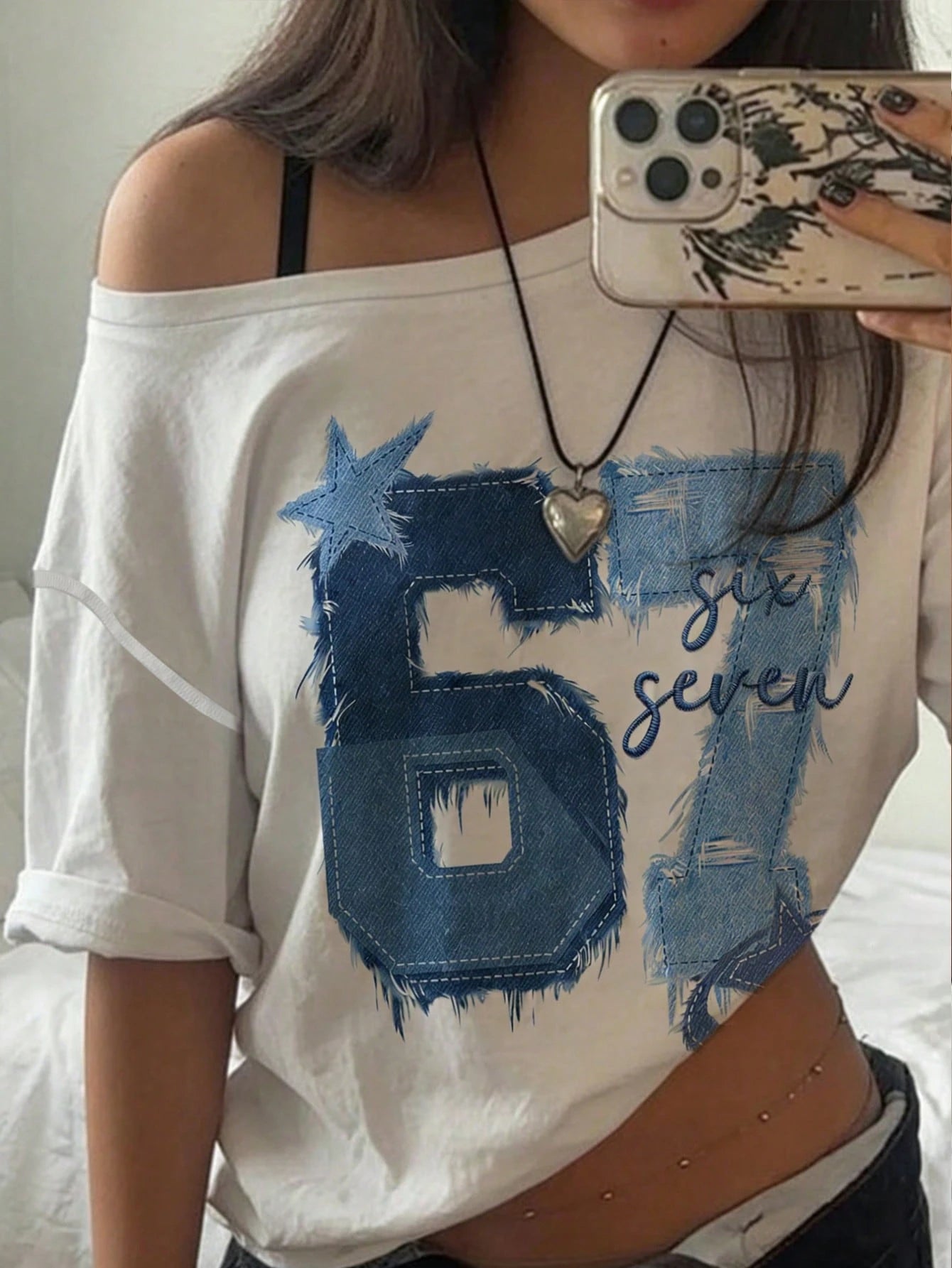 SXV Minimalist Stylish Digit 67 Print Off-Shoulder Loose Women T-Shirt