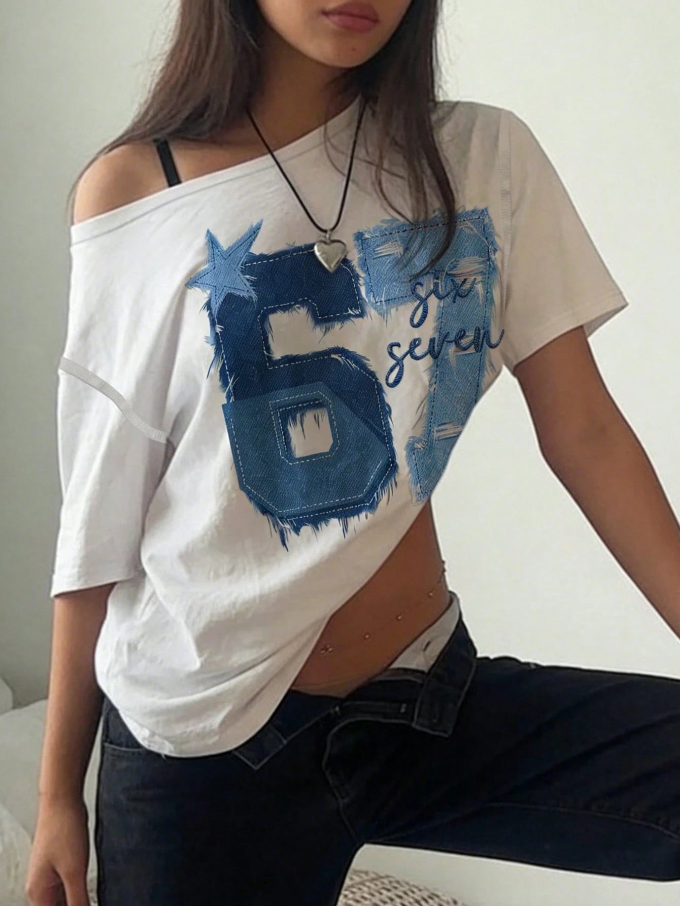 SXV Minimalist Stylish Digit 67 Print Off-Shoulder Loose Women T-Shirt