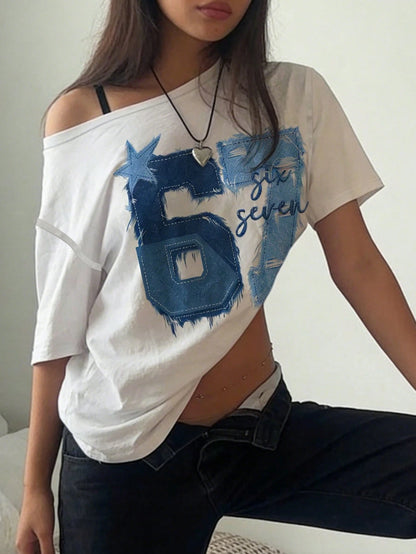 SXV Minimalist Stylish Digit 67 Print Off-Shoulder Loose Women T-Shirt