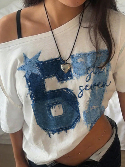 SXV Minimalist Stylish Digit 67 Print Off-Shoulder Loose Women T-Shirt