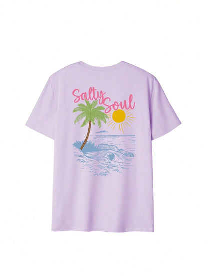 SXV Summer New Coconut Tree Print Casual Round Neck Short Sleeve T-Shirt