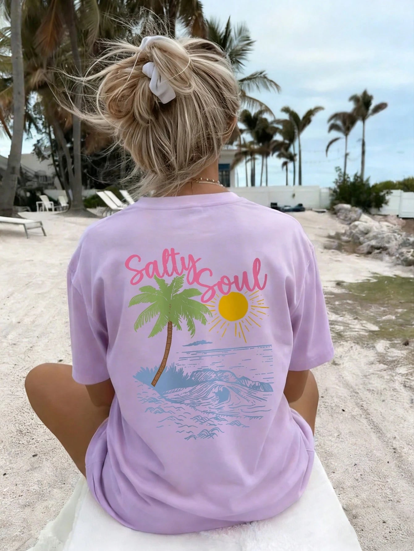SXV Summer New Coconut Tree Print Casual Round Neck Short Sleeve T-Shirt