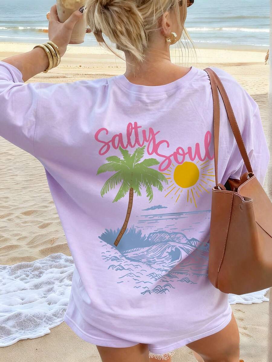 SXV Summer New Coconut Tree Print Casual Round Neck Short Sleeve T-Shirt