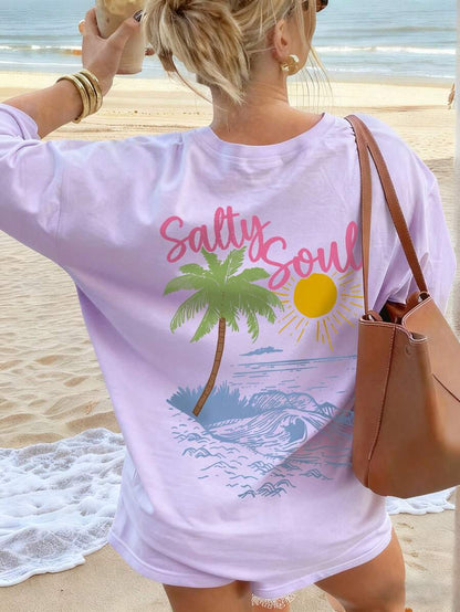SXV Summer New Coconut Tree Print Casual Round Neck Short Sleeve T-Shirt