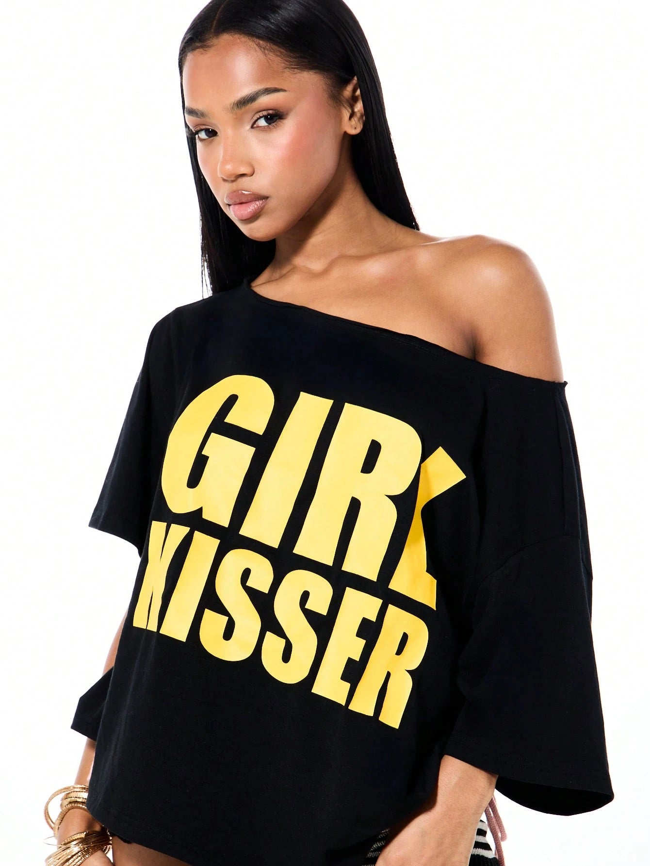 SXV Off Shoulder Graphic T Shirt With Girl Kisser Print
