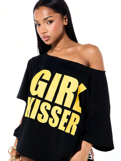 SXV Off Shoulder Graphic T Shirt With Girl Kisser Print