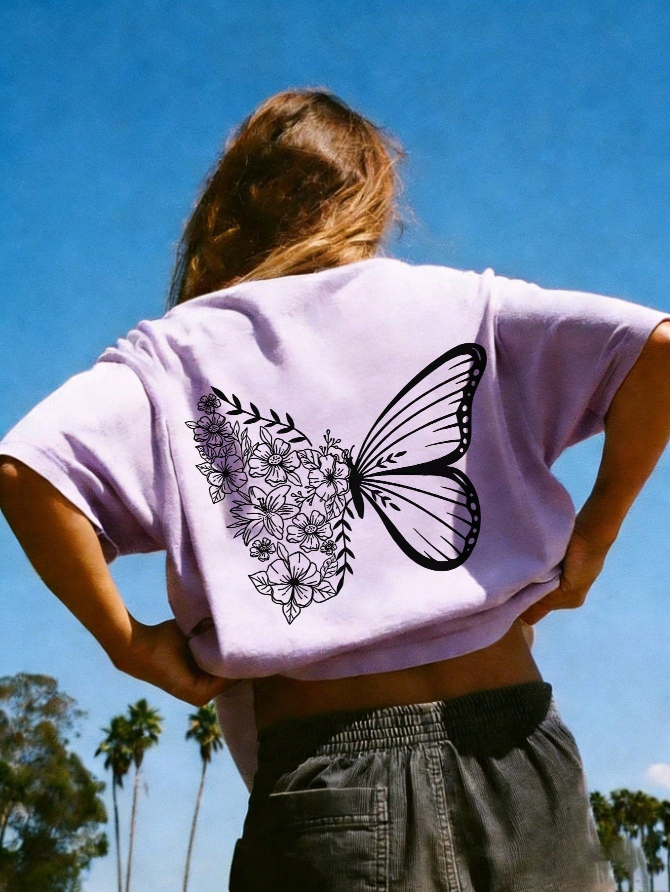 SXV Cute Pattern Butterfly Casual Vacation Style Loose Versatile Round Neck Short Sleeve T-Shirt