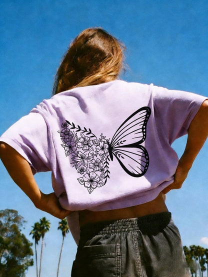 SXV Cute Pattern Butterfly Casual Vacation Style Loose Versatile Round Neck Short Sleeve T-Shirt