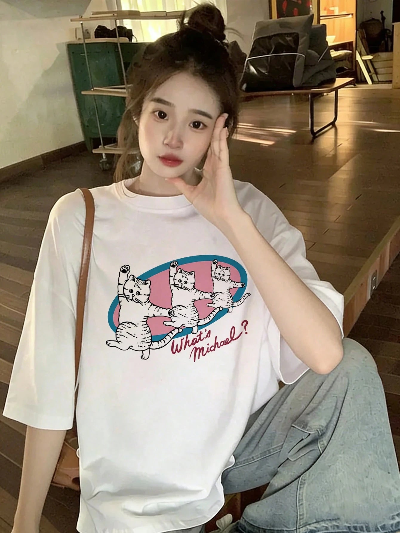 SXV Women's Loose Fit Round Neck Short Sleeve Letter & Cat Print T-Shirt, Spring