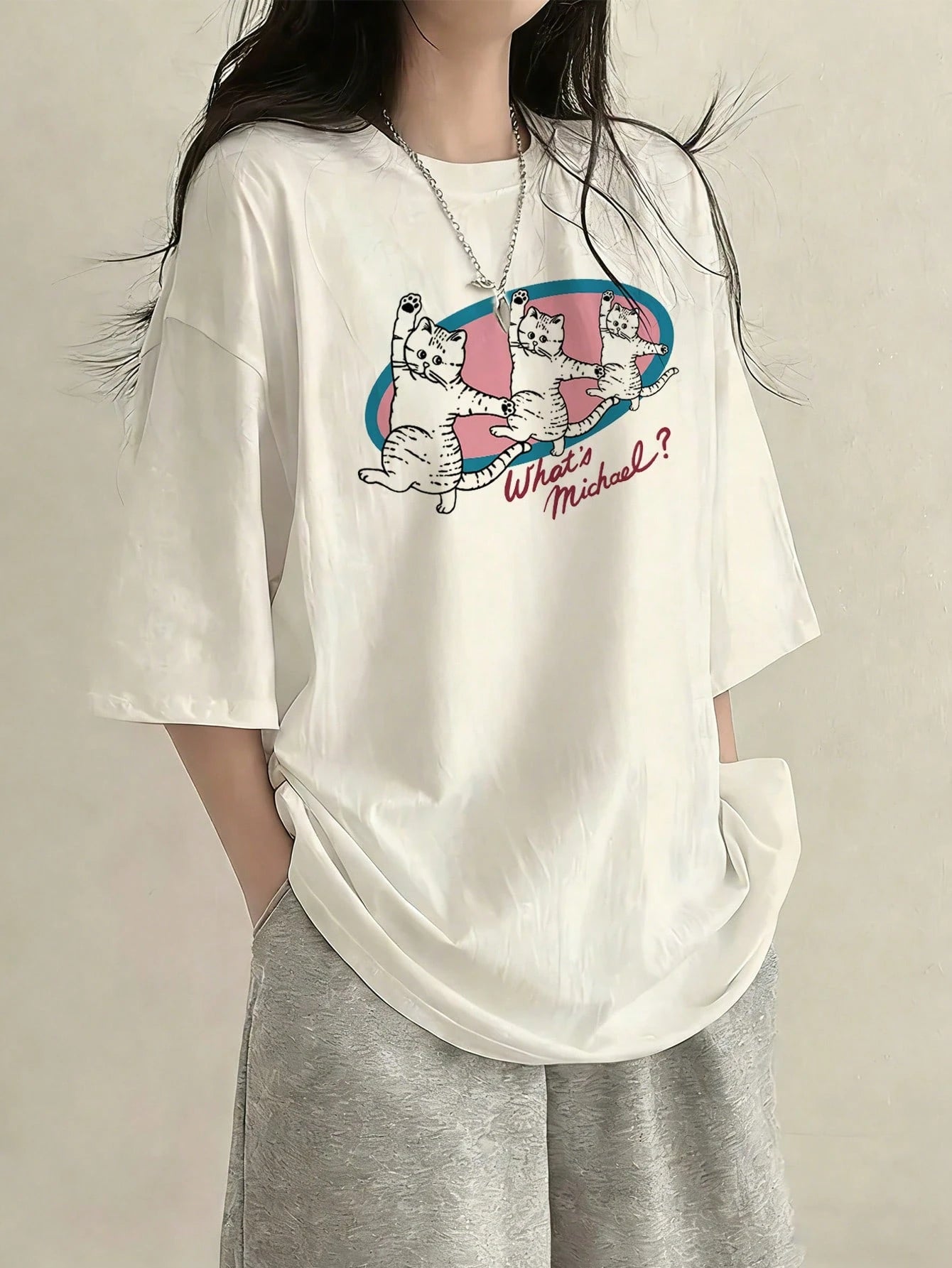 SXV Women's Loose Fit Round Neck Short Sleeve Letter & Cat Print T-Shirt, Spring
