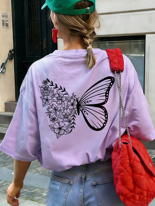 SXV Cute Pattern Butterfly Casual Vacation Style Loose Versatile Round Neck Short Sleeve T-Shirt