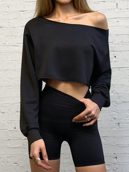 SXV Sexy Solid Color Asymmetric Neck Long Sleeve Cropped Sweatshirt