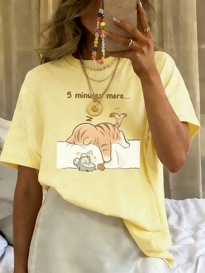 SXV Summer Round Neck Short Sleeve T-Shirt, Cat Napping