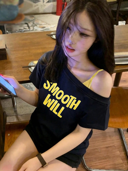 SXV New Navy Blue Asymmetrical Shoulder Printed Short Sleeve T-Shirt For Women