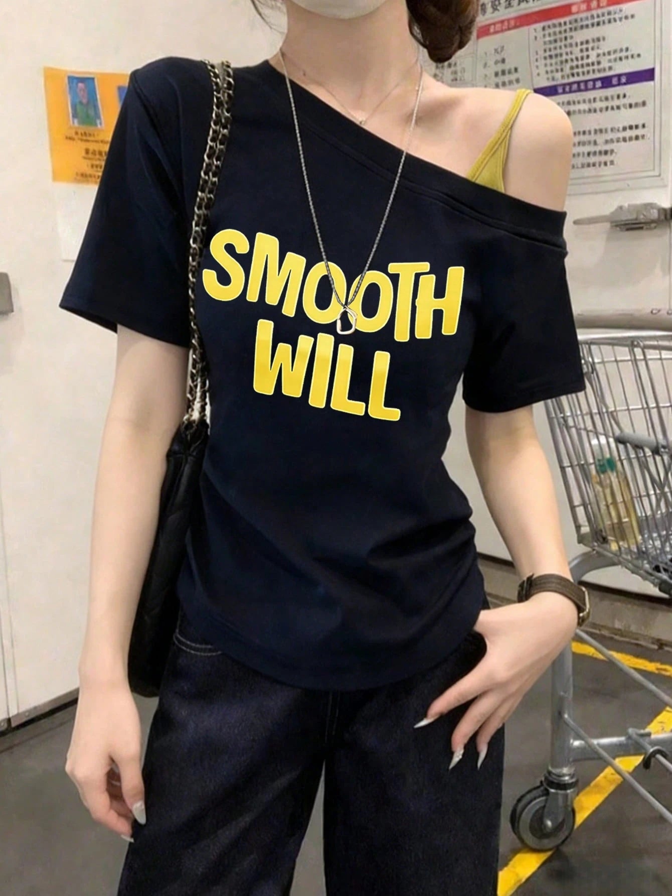 SXV New Navy Blue Asymmetrical Shoulder Printed Short Sleeve T-Shirt For Women
