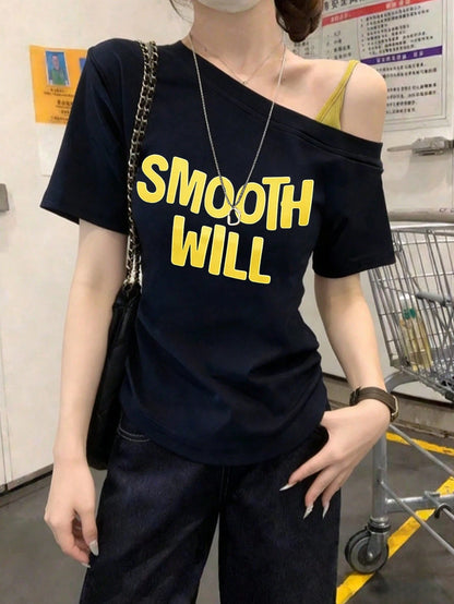 SXV New Navy Blue Asymmetrical Shoulder Printed Short Sleeve T-Shirt For Women