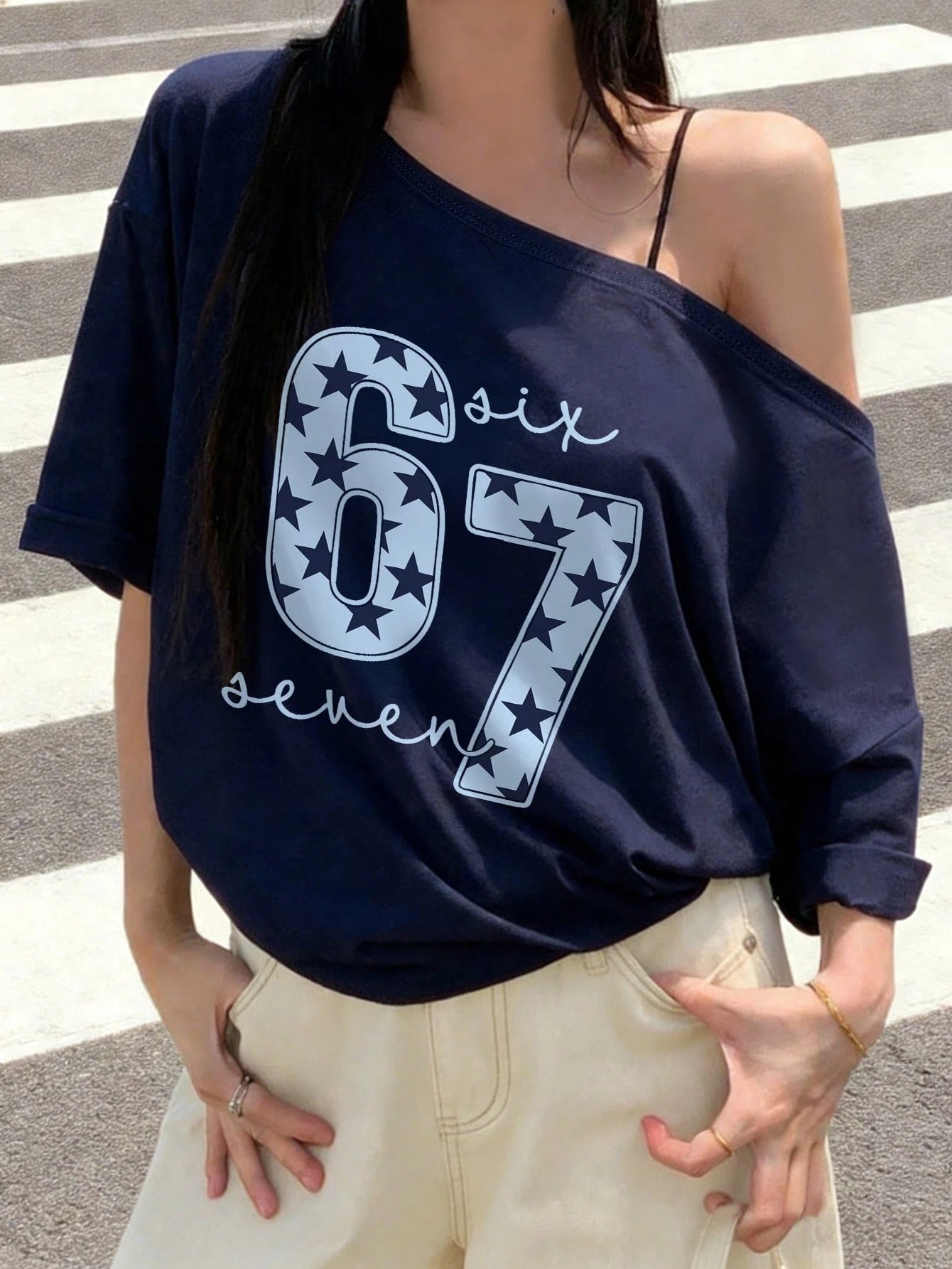 SXV Cute Aesthetic Shoulder Revealing T-Shirt For Teenage Girls, 67 Star Print