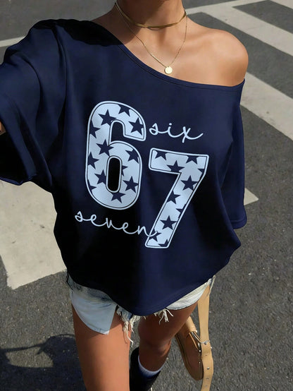 SXV Cute Aesthetic Shoulder Revealing T-Shirt For Teenage Girls, 67 Star Print