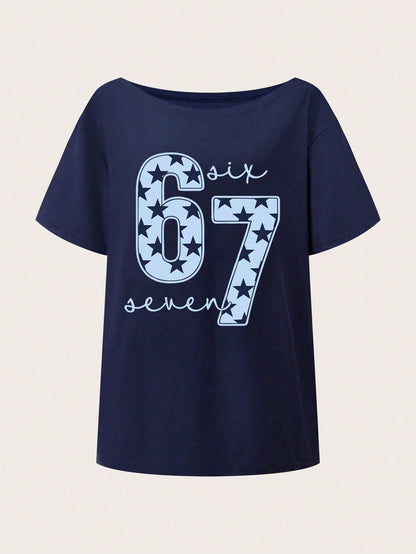 SXV Cute Aesthetic Shoulder Revealing T-Shirt For Teenage Girls, 67 Star Print