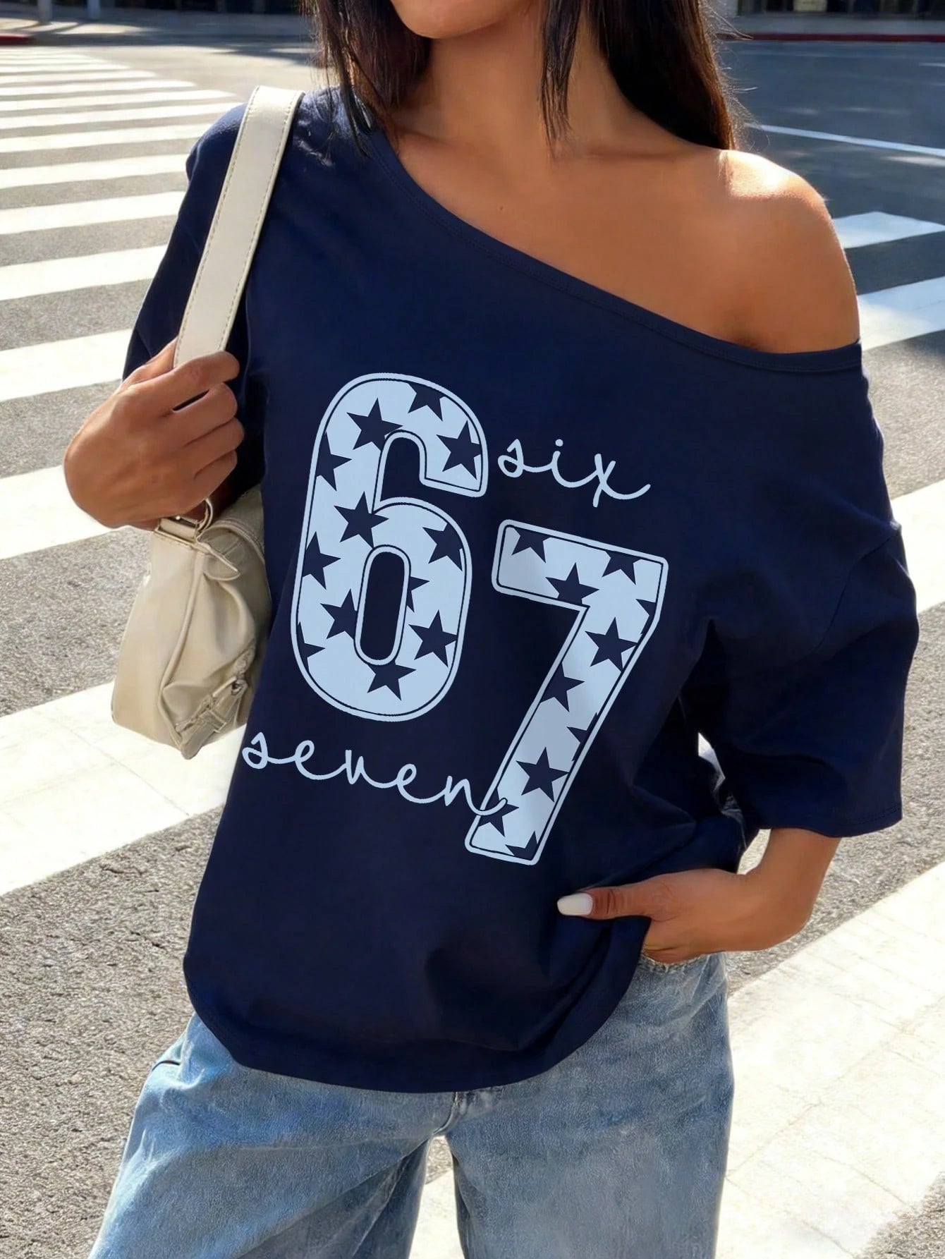 SXV Cute Aesthetic Shoulder Revealing T-Shirt For Teenage Girls, 67 Star Print