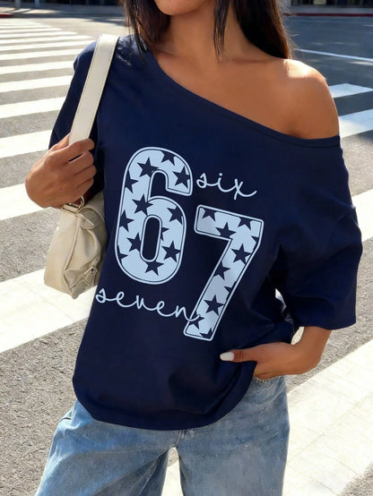 SXV Cute Aesthetic Shoulder Revealing T-Shirt For Teenage Girls, 67 Star Print