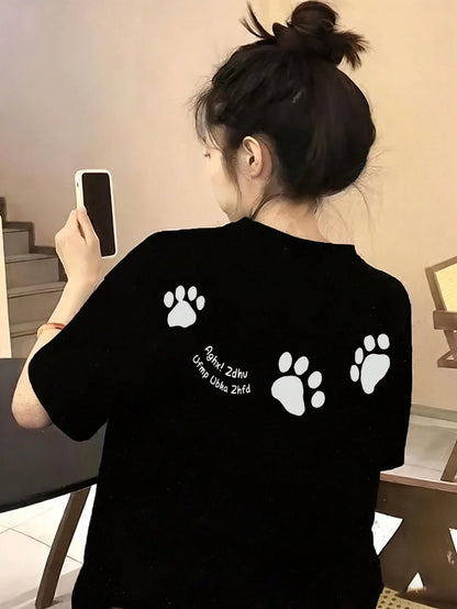 SXV Women's Casual Round Neck Loose Fitting Letter & Puppy Print Short Sleeve T-Shirt