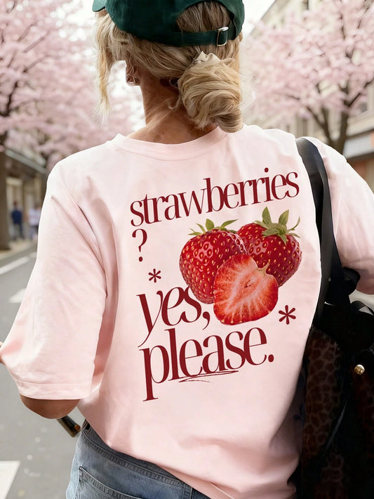 SXV Best-Selling Women's Back Retro Strawberry & Letter Print T-shirt