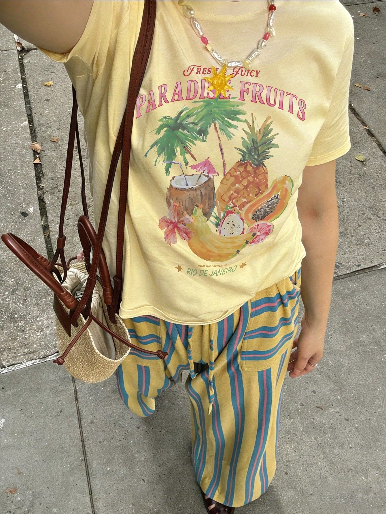 SXV Minimalist Tropical Fruit Print Design Casual Everyday Round Neck Short Sleeve T-Shirt