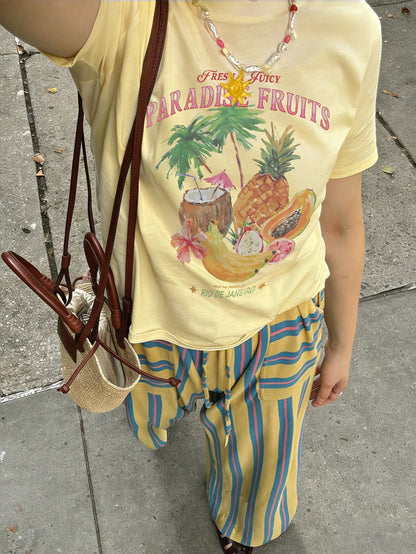 SXV Minimalist Tropical Fruit Print Design Casual Everyday Round Neck Short Sleeve T-Shirt