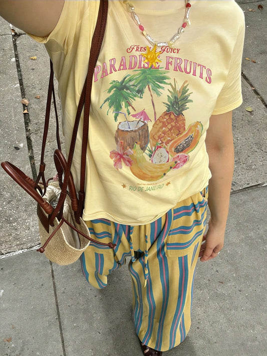 SXV Minimalist Tropical Fruit Print Design Casual Everyday Round Neck Short Sleeve T-Shirt