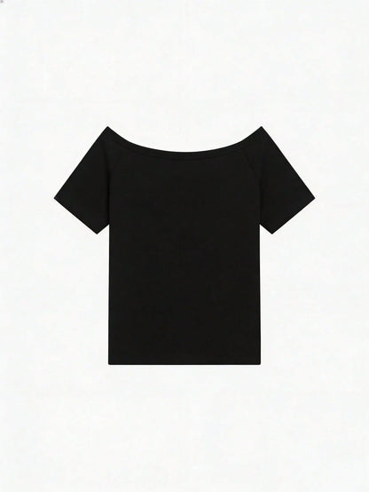 SXV Y2K Print flag Off-Shoulder Short-Sleeve T-Shirt