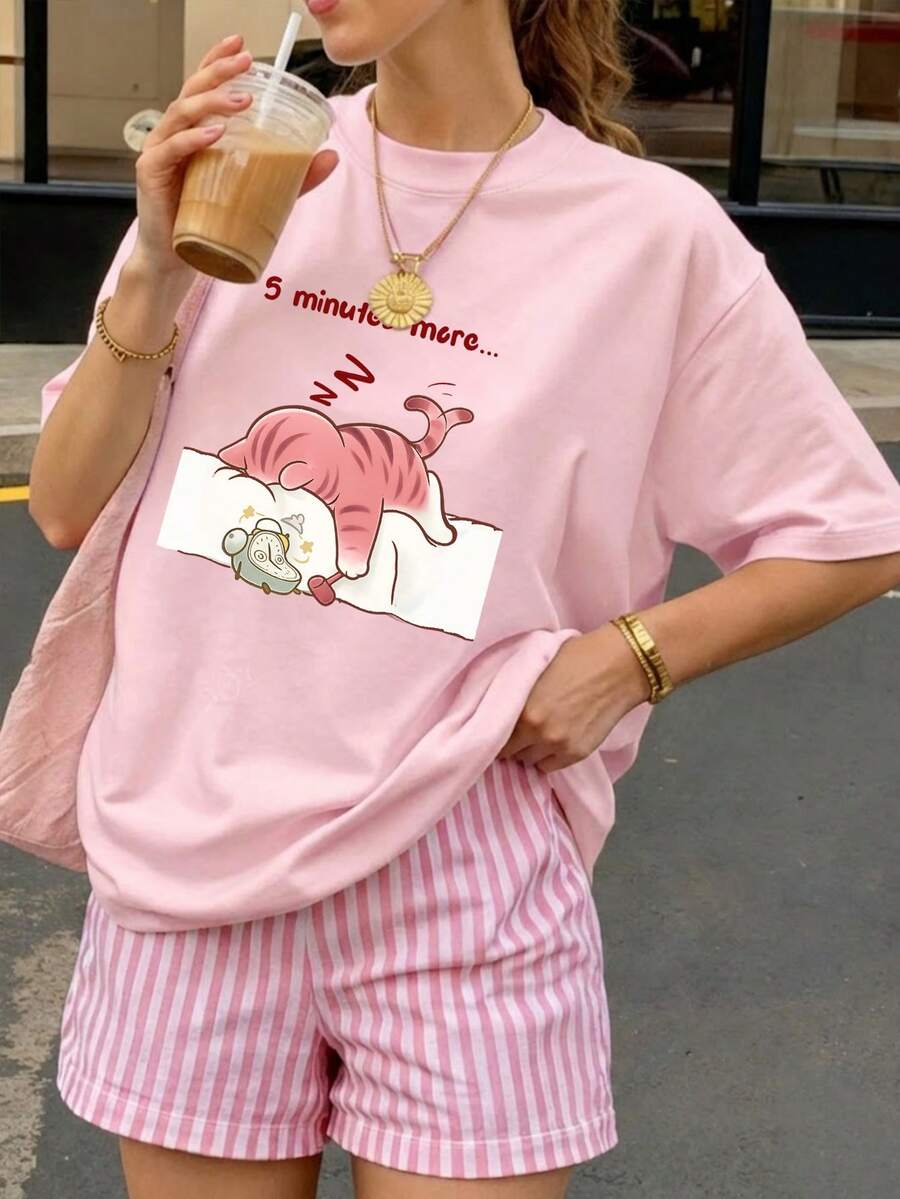 SXV Summer Round Neck Short Sleeve T-Shirt, Cat Napping
