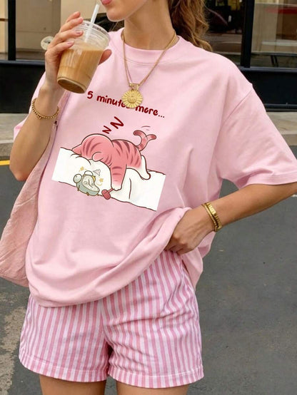 SXV Summer Round Neck Short Sleeve T-Shirt, Cat Napping