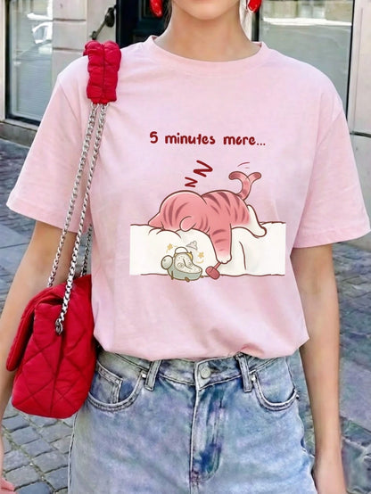SXV Summer Round Neck Short Sleeve T-Shirt, Cat Napping