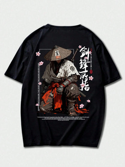 SXV Japanese Cyberpunk Illustration Print Black Crew Neck Short Sleeve T-Shirt